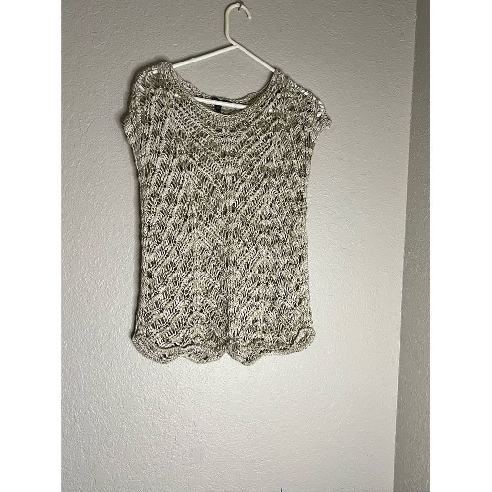 Eileen Fisher Women's Size L Taupe Crochet Open Knit Short Sleeve Sweater